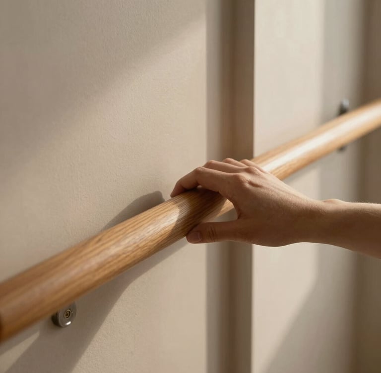 Close-up of premium interior materials, a hand touching a polished oak handrail, warm natural light, focus on tactile texture.