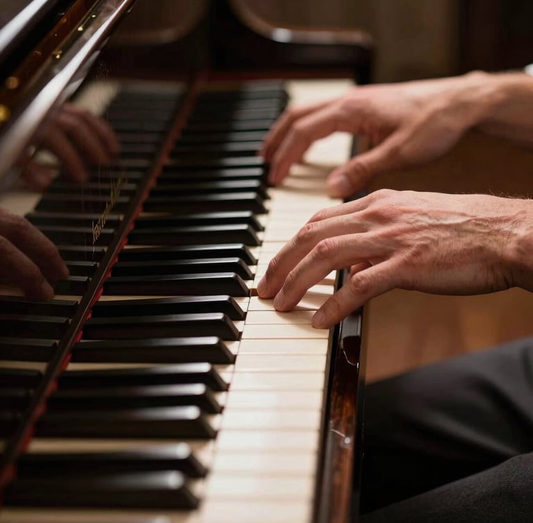 Macro detail shot of hands playing a grand piano, dramatic side-light highlighting the polished wood and ivory keys, rich dark tones, 50mm