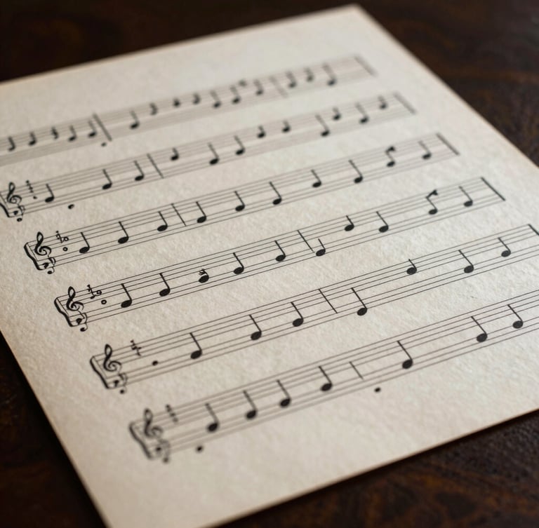 A high-contrast macro photograph of classical sheet music with handwritten annotations on heavy cream paper, dramatic side-light highlighting the tactile paper texture, 50mm focus