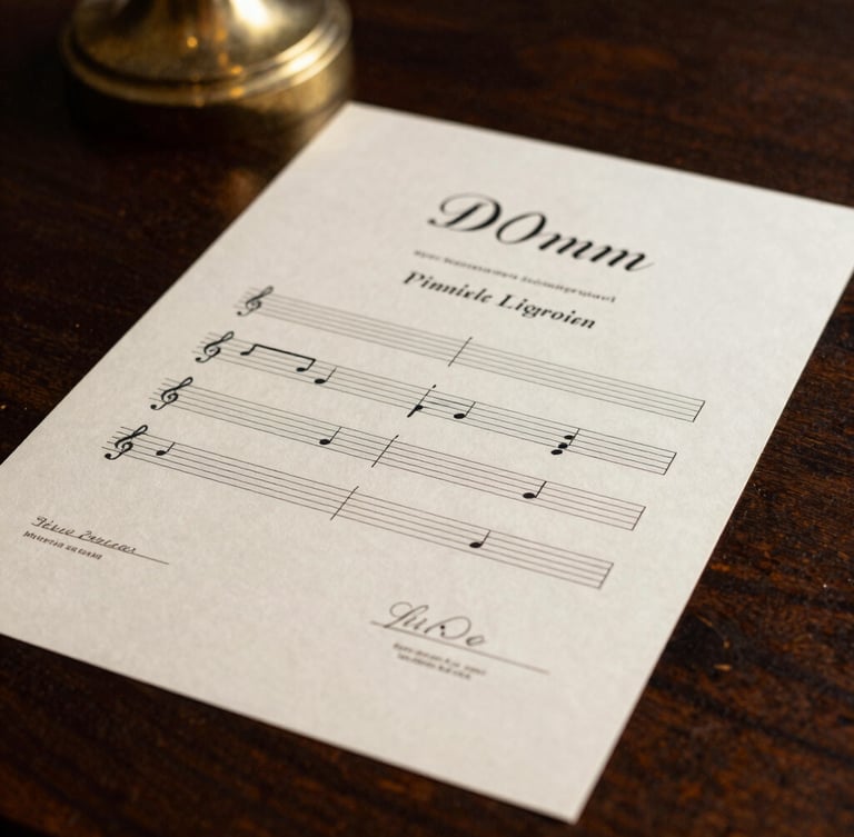 Close-up of a formal music diploma on heavy cream paper with elegant typography, resting on a dark wooden table, soft side-light, 50mm