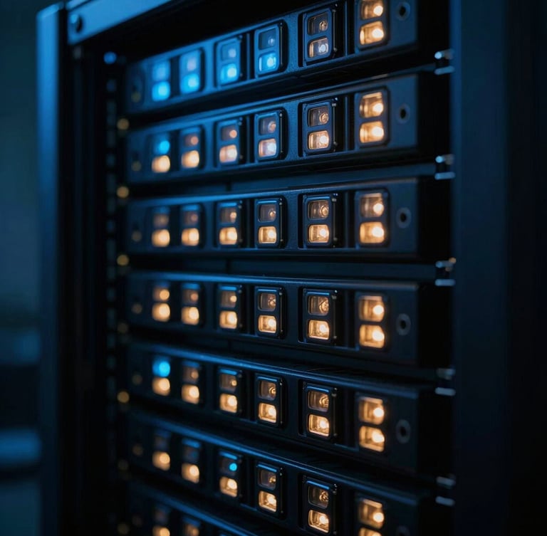 Extreme close-up of a high-performance server rack, glowing blue and amber status LEDs, cool dark ambient lighting, shallow depth of field, 35mm