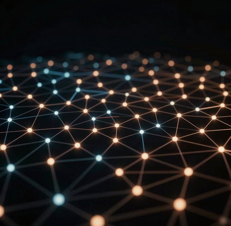 Abstract neural network visualization, glowing nodes and complex algorithmic pathways, deep black background, cinematic side-lighting, 35mm