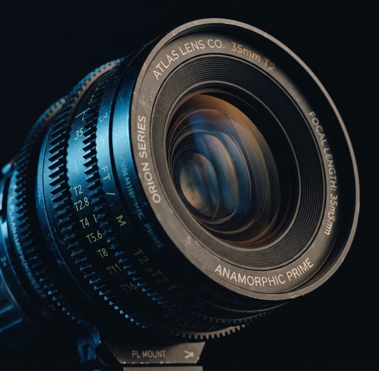 Extreme close-up of a high-end digital anamorphic cinema lens, low-key dramatic side-lighting, deep shadows, cool blue and amber tones, 35mm.