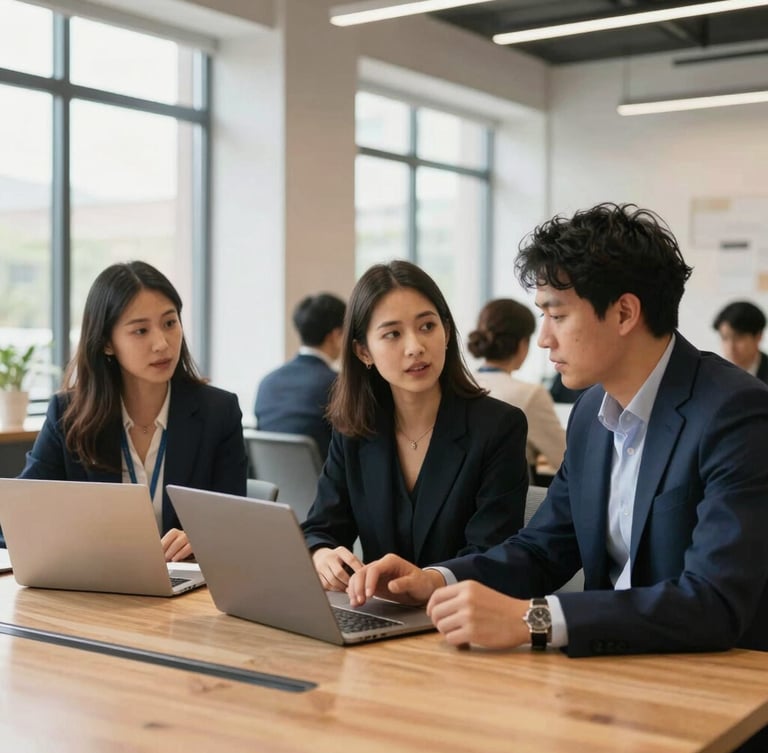 Medium environmental shot of local founders collaborating in a modern workspace, warm wood tones, bright natural daylight, sharp focus, 35mm.