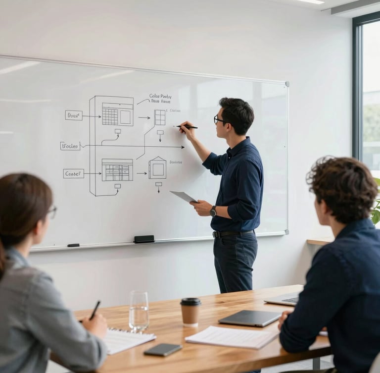 A professional workshop leader writing technical blueprints on a large whiteboard, local founders collaborating at a wooden table in a bright, daylight-filled modern workspace