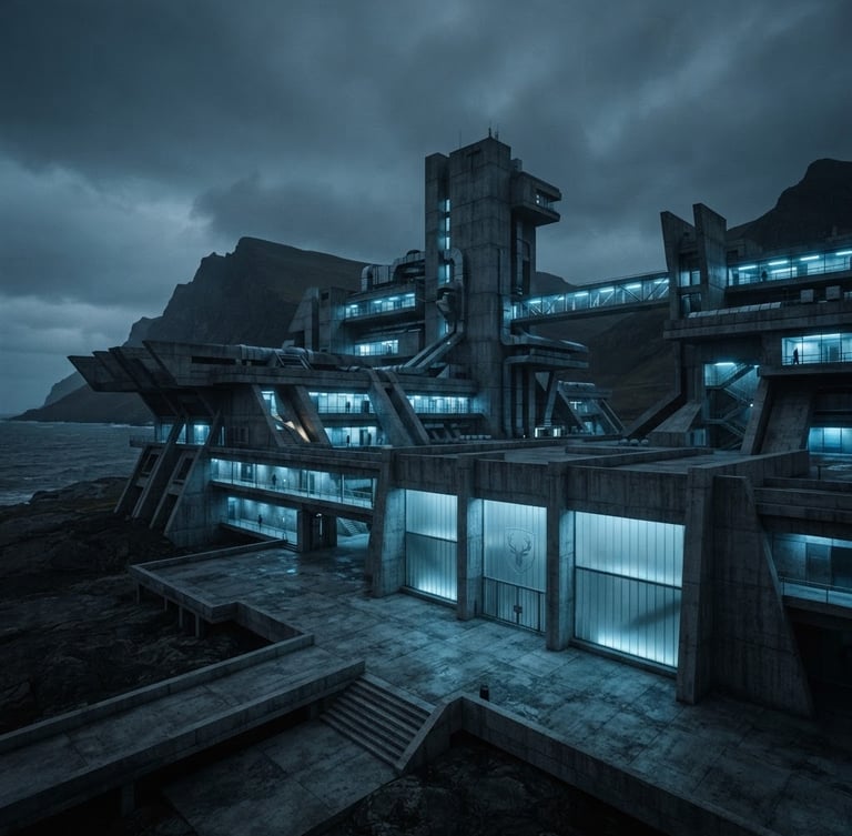 Wide panoramic brutalist concrete research facility, sharp architectural lines, cold blue fluorescent lighting, desaturated slate and cyan tones, a subtle Azure Stag seal watermark on a frosted glass panel, low horizon.