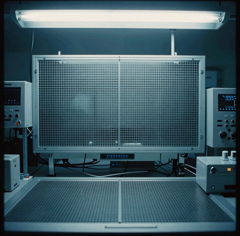Portrait shot of a clean-room quantum laboratory, harsh fluorescent shadows, technical grids, cold blue studio light, desaturated slate and cyan tones, no people.