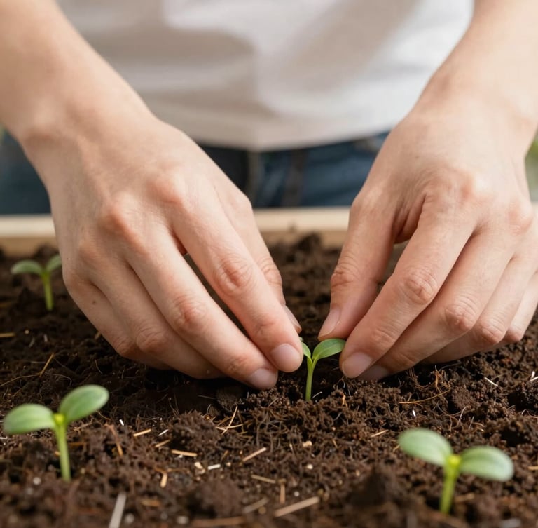 Close-up of hands carefully arranging small green sprouts in rich dark soil, soft natural daylight, shallow depth of field, warm editorial photography.