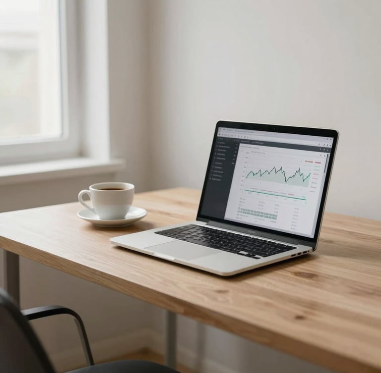 A minimalist workspace with a clean wooden desk, a laptop showing financial charts, and a cup of coffee under soft side window light, desaturated tones, 35mm lens