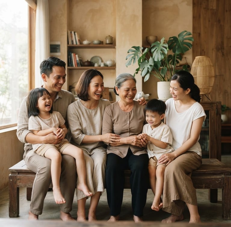 A Vietnamese family sitting together on a wooden bench in a sunlit living room, warm soft natural daylight, genuine unforced emotions, 35mm lens, shallow depth of field
