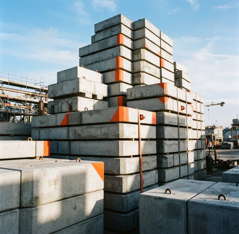 Low-angle heroic shot of neatly stacked concrete blocks in an industrial yard, crisp morning sun casting sharp geometric shadows, cool concrete greys with sharp orange accents, sharp focus, 35mm