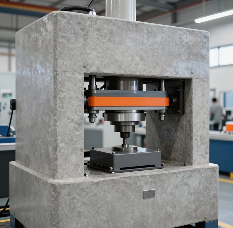 A heavy hydraulic block-pressing machine in action inside a clean modern manufacturing facility, sharp focus on concrete textures, industrial setting, 35mm