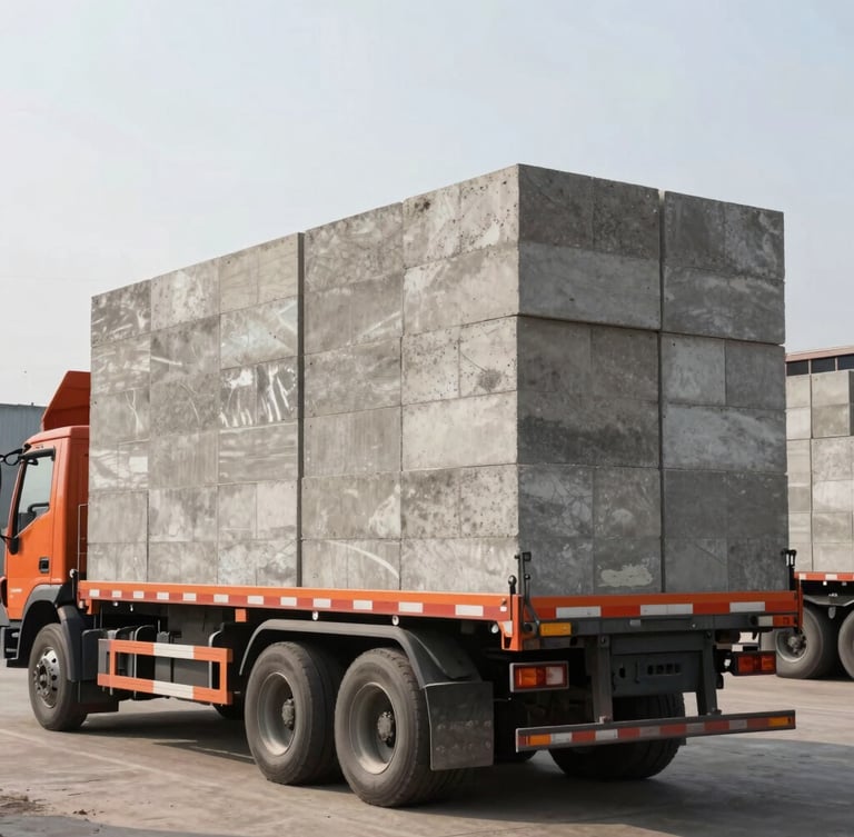 A flatbed logistics truck loaded with precision-stacked concrete blocks departing the Aziz Nagar yard, crisp morning light, industrial setting, 35mm