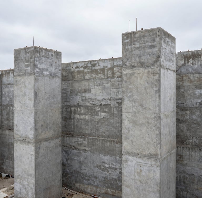 Industrial architectural photography of a deep foundation excavation pit, raw concrete pile walls, high-contrast overcast daylight, cool slate tones, 35mm lens