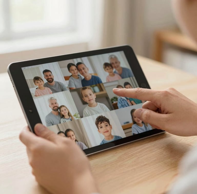 Close-up of patient hands gently pointing to a tablet screen showing family photos, warm home interior, soft natural side light, shallow depth of field