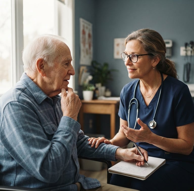 Warm clinical editorial portrait of an experienced doctor listening to an elderly patient, soft natural window light, clean muted slate blues, shallow depth of field