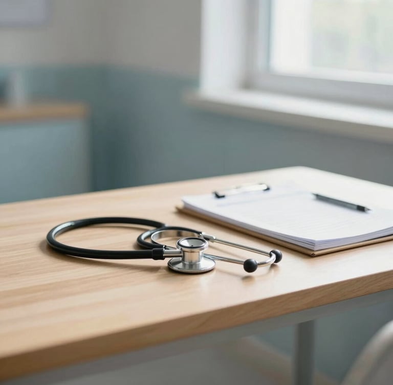 Warm sunlit clinic interior, a clean wooden desk with a stethoscope and medical journal, soft natural light coming through a window, shallow depth of field