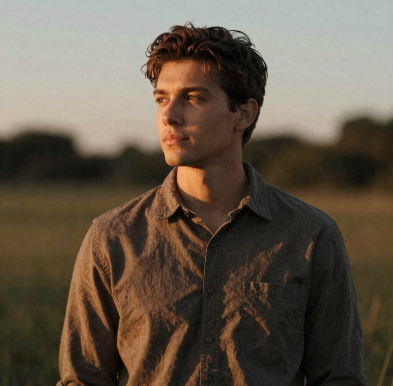 Portrait of an individual looking thoughtful and confident, standing in a natural environment during soft golden-hour light, shallow depth of field, rich muted tones, 35mm film look.
