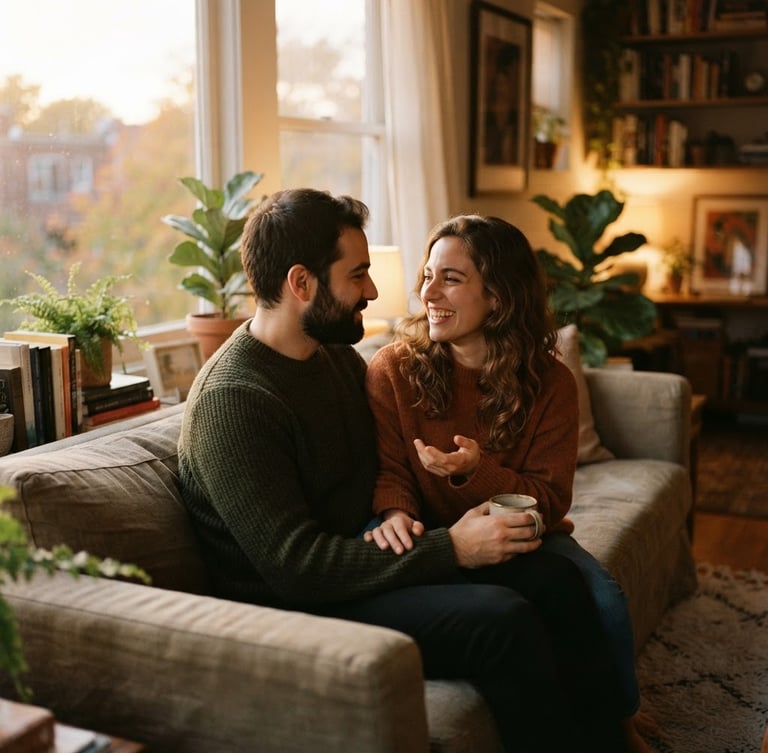 Casal em conversa autêntica e íntima, sentados próximos um do outro, com luz suave de fim de tarde entrando por uma janela, em um ambiente acolhedor, tons quentes, shallow depth of field, 35mm film look.