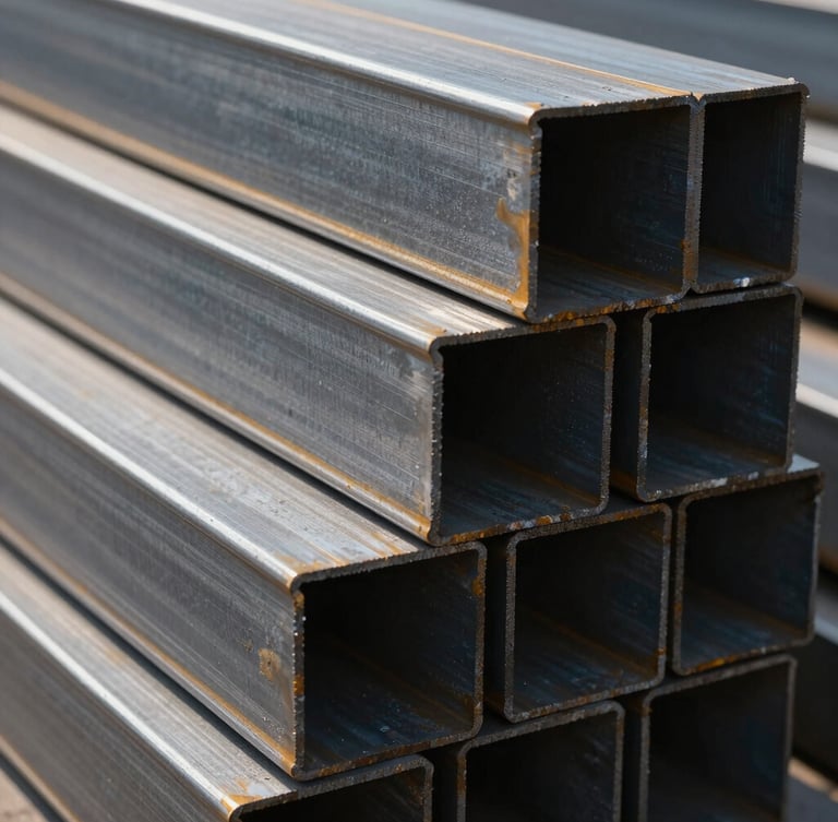 Extreme close-up of heavy raw metal steel billets stacked in a warehouse, high-contrast industrial daylight reflecting off brushed steel textures