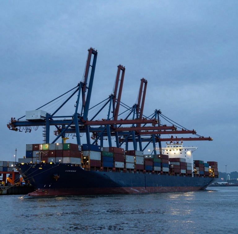 High-contrast wide-angle view of a deepwater container terminal at dawn, massive container ships docked, heavy gantry cranes silhouetted against an overcast steel-blue sky.