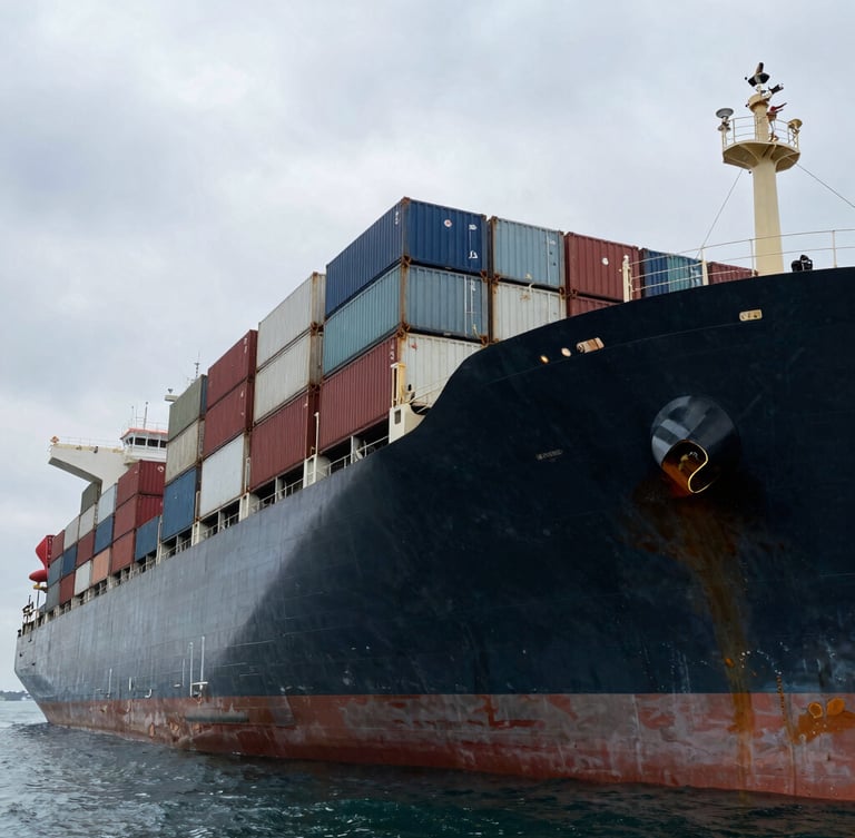 Low-angle high-contrast shot of a massive deepwater container vessel docked at an industrial terminal, overcast maritime sky, steel hulls.