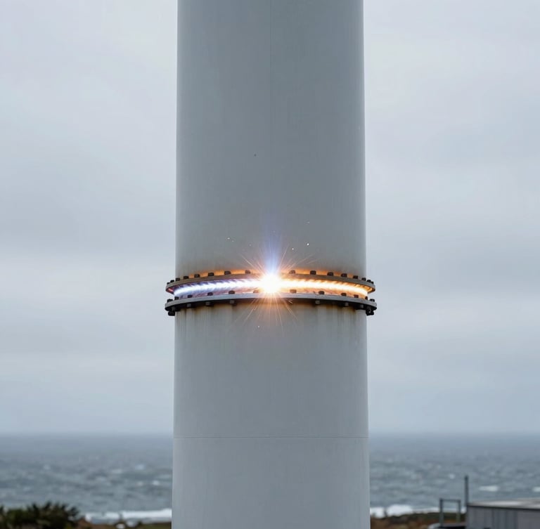 Extreme close-up of heavy machinery welds on a massive steel wind turbine tower section, overcast maritime sky in background.