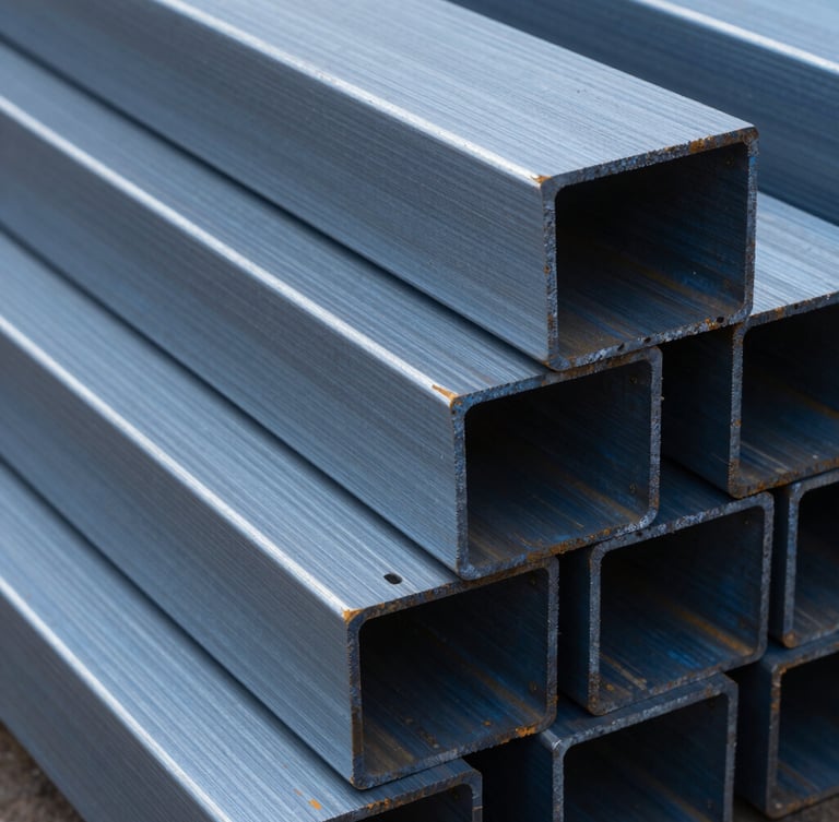 Extreme close-up of heavy industrial steel billets stacked in a yard, cold metallic blue tones, high contrast lighting on brushed textures