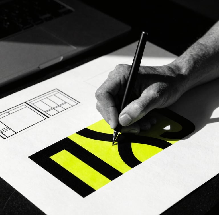 High-contrast black and white portrait of a graphic designer working with packaging blueprints, harsh shadows, professional studio setting