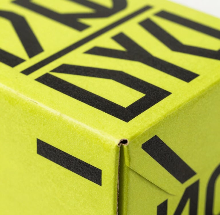 Macro photography of a neon yellow cardboard box with black geometric vector patterns, sharp folded edges, studio lighting, high contrast.