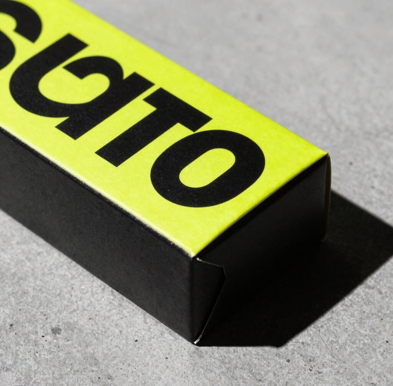Bold graphic design mockup of a packaging box with neon yellow accents, sharp shadows on a concrete background, high-contrast studio lighting, 35mm