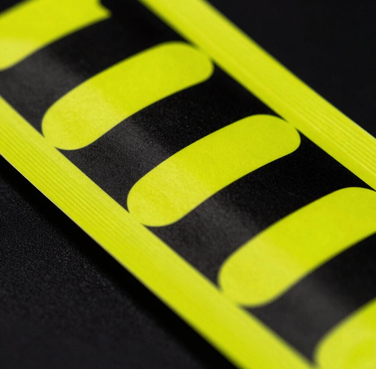 Macro detail of high-contrast printed neon yellow packaging on a matte black background, sharp folds, 35mm photography, dramatic studio lighting