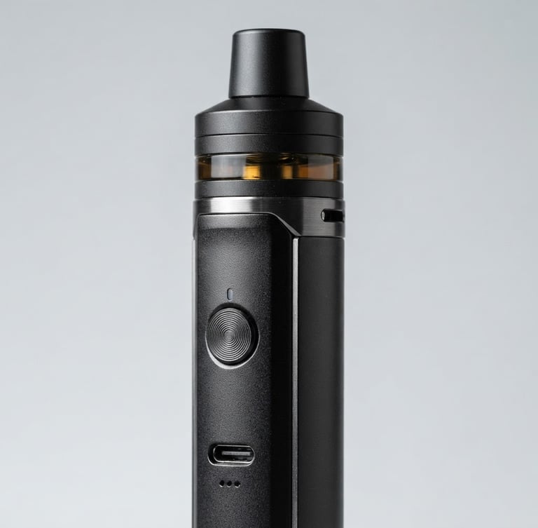 Macro close-up of a sleek metallic vape device with matte black finish, crisp studio lighting, sharp defined shadows, minimalist light gray background
