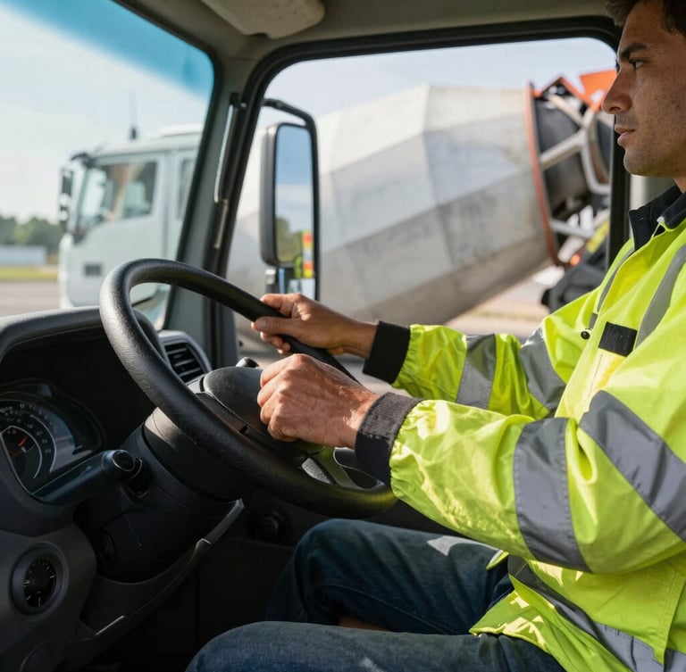 Tight tactile close-up of a driver's hands in high-visibility gear on a clean steering wheel inside a modern concrete mixer truck cab, bright morning sunlight