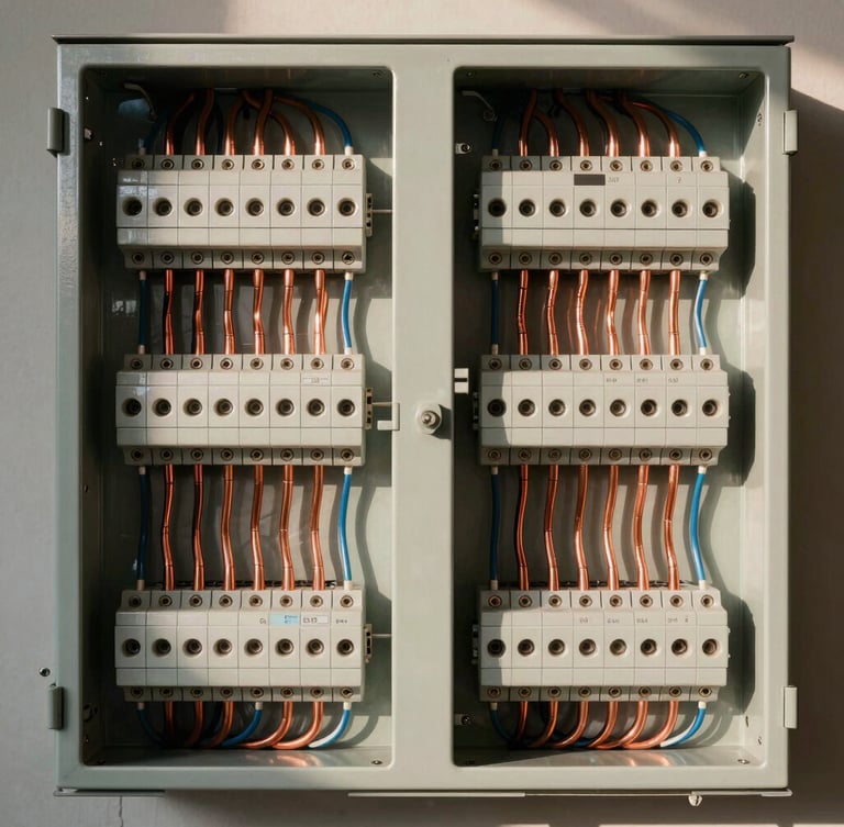 Symmetrical straight-on shot of a perfectly organized modern breaker panel with clean copper wiring runs, warm natural daylight