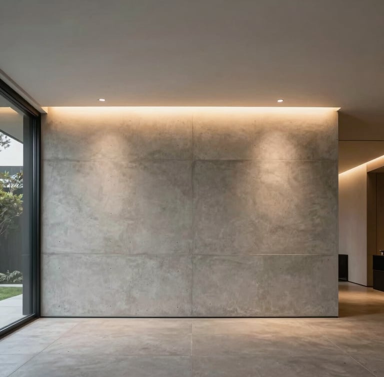 Symmetrical architectural shot of a modern Los Angeles home interior with integrated, warm, linear ceiling lighting illuminating a clean concrete wall.