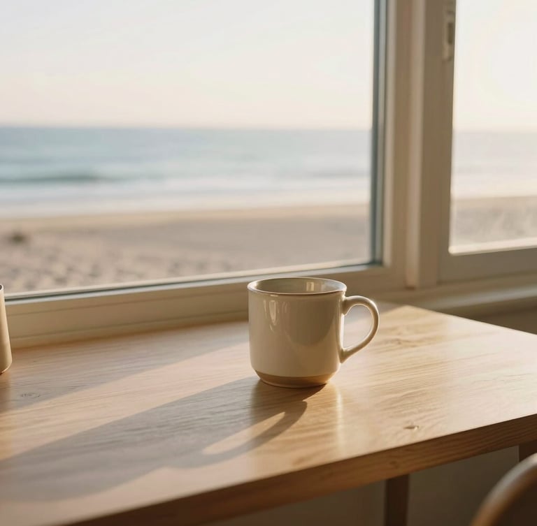 A bright, sun-drenched airy coastal workspace with a clean light wood desk, a warm ceramic mug near a window overlooking a calm ocean at dawn, soft golden hour light, 35mm.