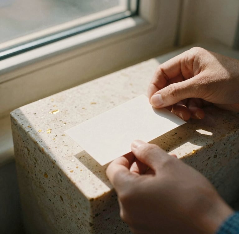 Hands of an artisan arranging thick cotton paper business cards on a travertine stone block, soft side-lit window light casting long shadows, warm gold accents, shallow depth of field, 35mm photography