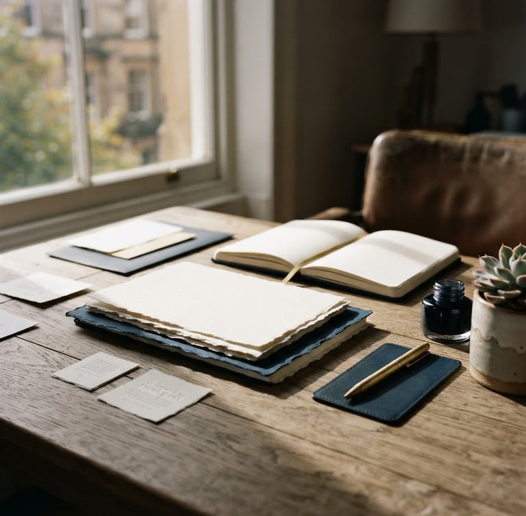 A minimalist design workspace with soft side-lit window light casting high-contrast shadows on textured paper mockups, deep navy accents, 35mm photography.