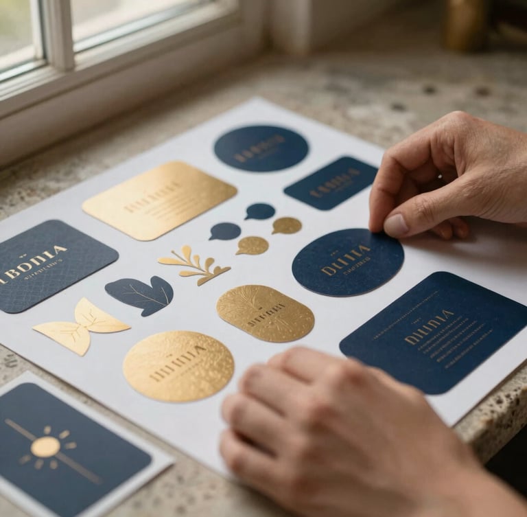 Tight macro shot of hands carefully arranging tactile paper mockups and custom brand assets on a rough stone surface, soft side-lit window light, warm gold accents.