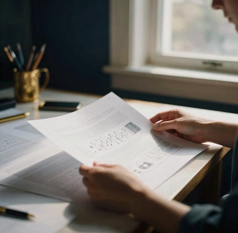 A high-contrast editorial portrait of a designer reviewing print proofs in a sunlit Winter Haven workspace, soft diffused side light, warm gold accents, 35mm