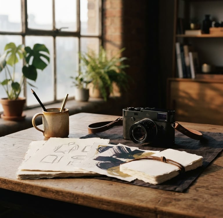Warm editorial photography of a minimal creative studio desk, soft side-lit window light casting deep shadows, tactile paper mockups and a high-end camera, 35mm