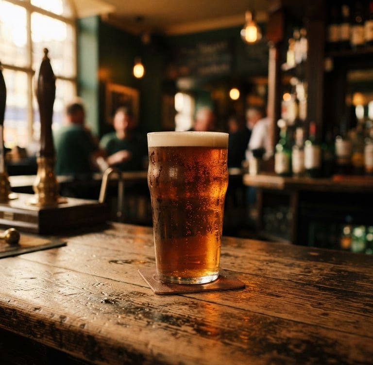 Close-up of a rustic wooden pub counter with a cold artisanal beer in a glass, warm amber lighting, cozy atmosphere, shallow depth of field