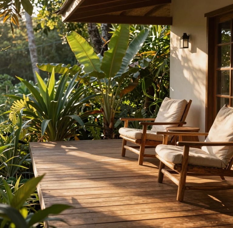 Sun-dappled wooden deck of the pousada surrounded by lush tropical plants, comfortable rustic chairs, soft morning light, warm editorial style.