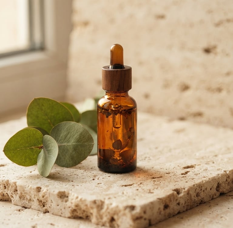 Close-up macro shot of organic eucalyptus leaves and amber oil in a small elegant glass bottle, resting on textured travertine stone, warm diffused morning window light, soft shadows, minimalist luxury photography.