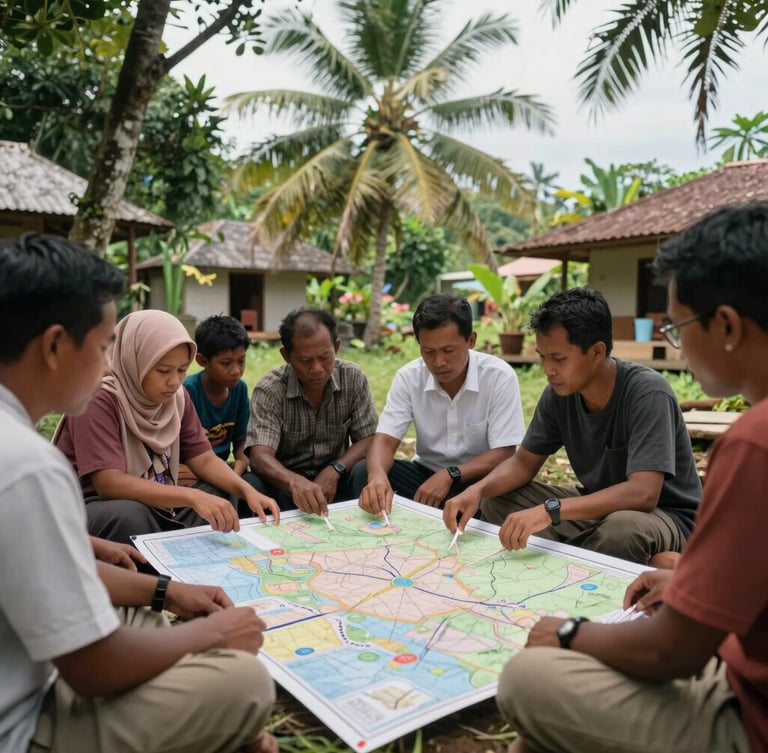 Wide environmental shot of a community workshop in Central Kalimantan, researchers and local villagers collaborating around a map under soft natural tropical daylight.