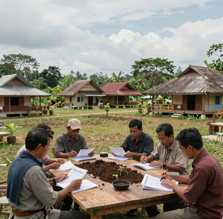 A wide-angle landscape of a village community center in Central Kalimantan, local farmers and researchers seated together around a wooden table analyzing soil reports under soft natural daylight.