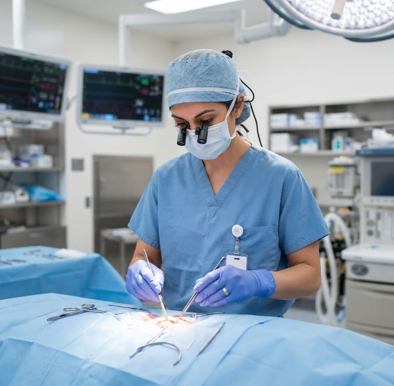 Surgeon in pristine medical blue scrubs, focused and professional in a modern operating room, bright clinical studio light, sharp focus, 50mm lens, neutral tones, medium shot.