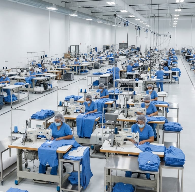 Wide panoramic shot of a modern, brightly lit medical apparel stitching floor, rows of automated sewing machines, skilled technicians in pristine scrubs overseeing operations, sharp focus, medical blue and neutral tones, 50mm lens.