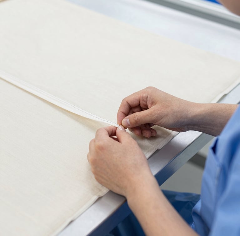 Close-up, slightly angled shot of a skilled textile worker's hands meticulously inspecting the stitching of a medical scrub on a bright, clean factory floor. Crisp commercial photography, bright clinical studio light, sharp focus.